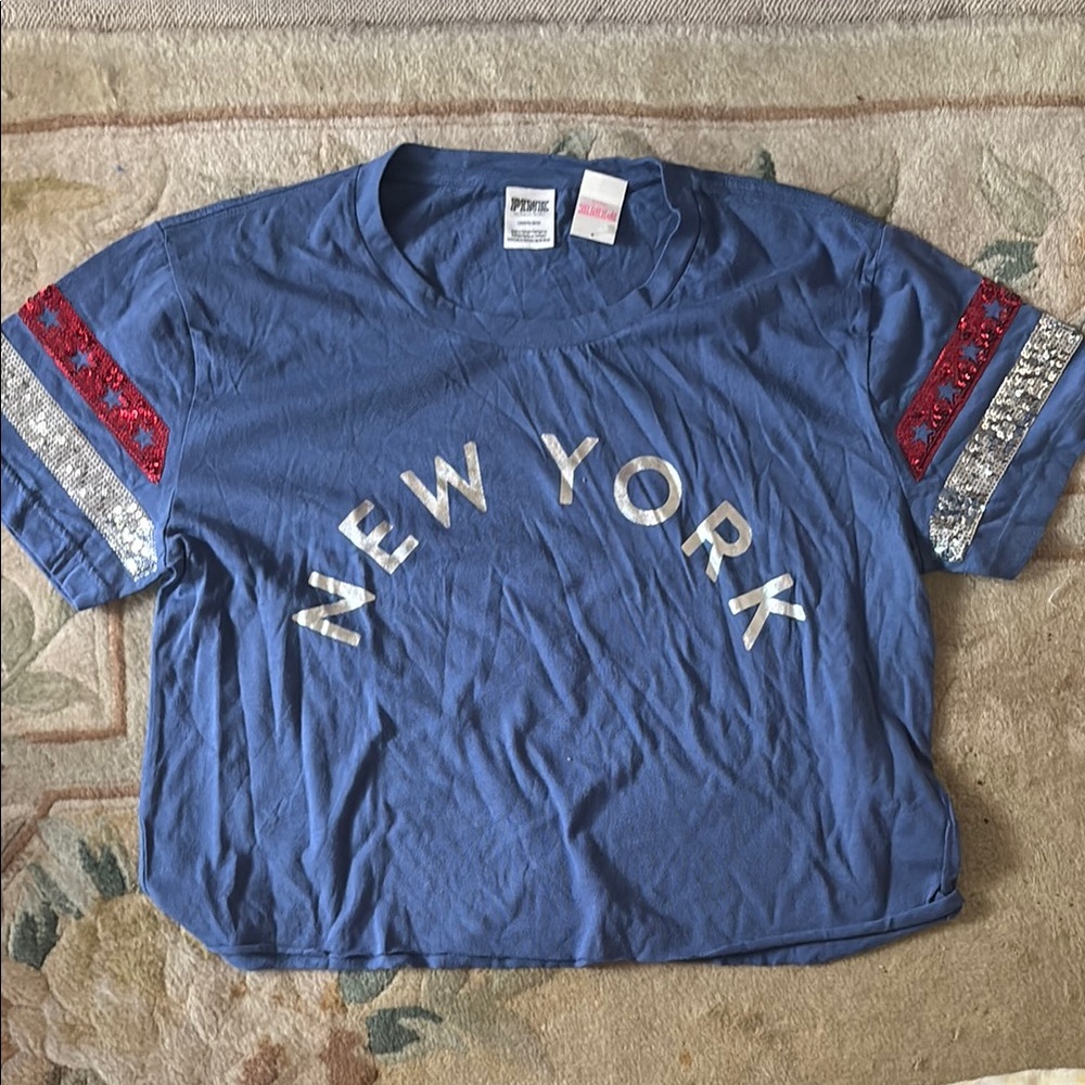 PINK Victoria's Secret Blue Crop Top with Red and Silver Accents